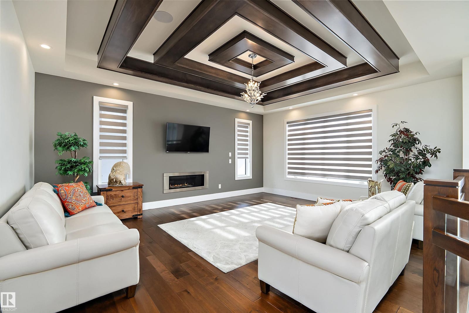 Bonus room with tray ceiling and fireplace