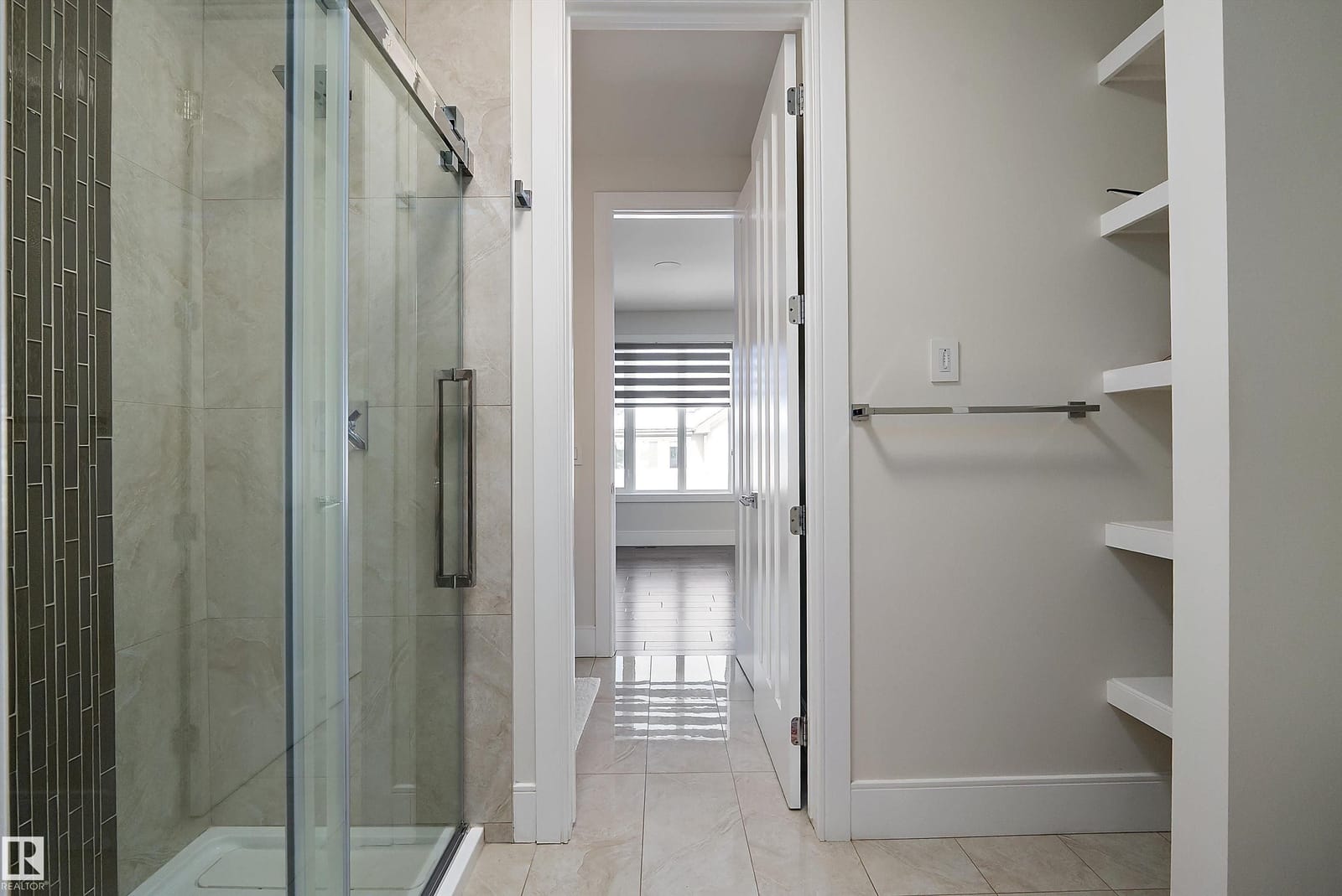 Shower and walk in closet shelving
