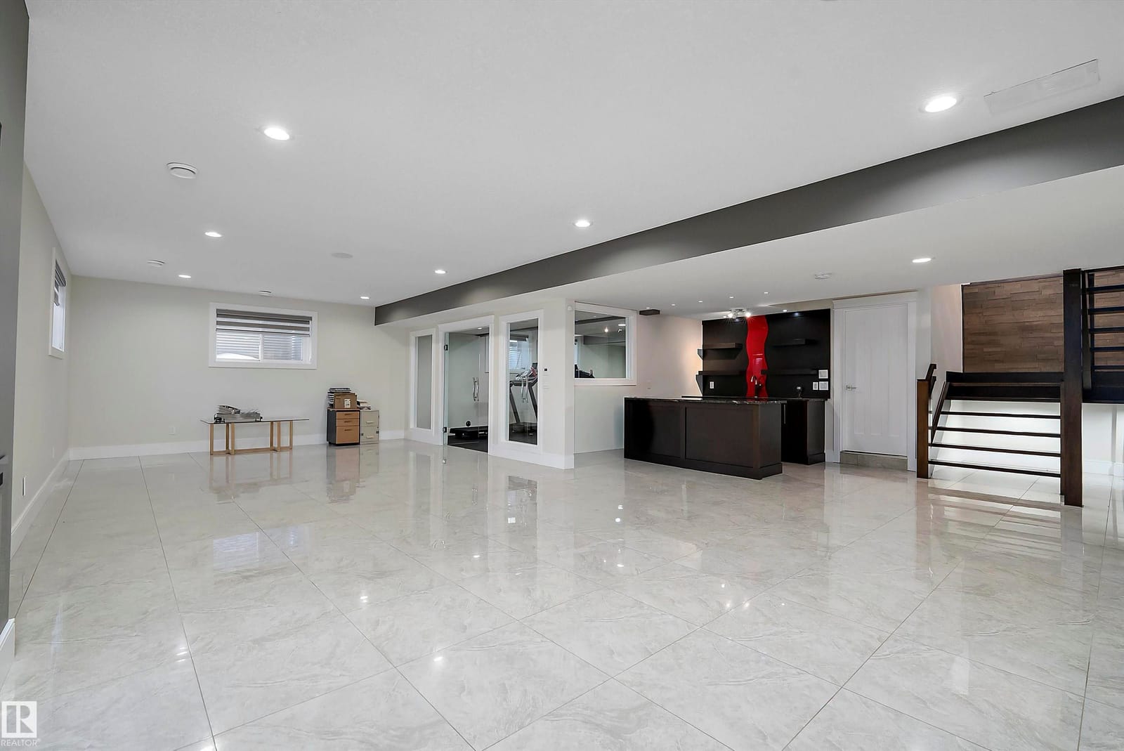 Lower level recreation room, wide view