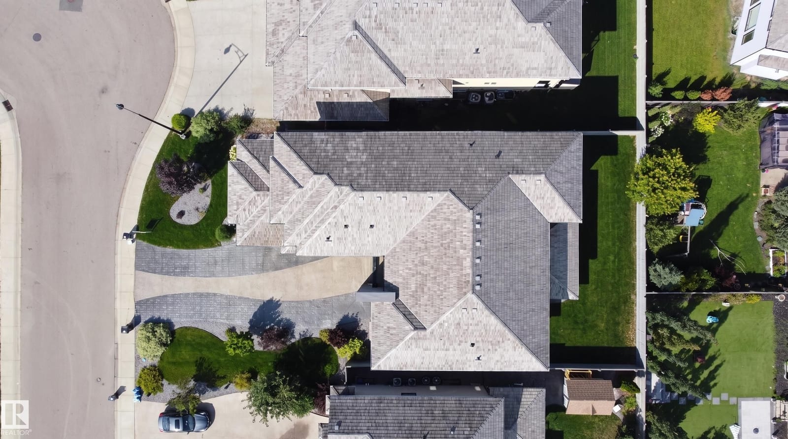 Aerial top down of the roof and driveway